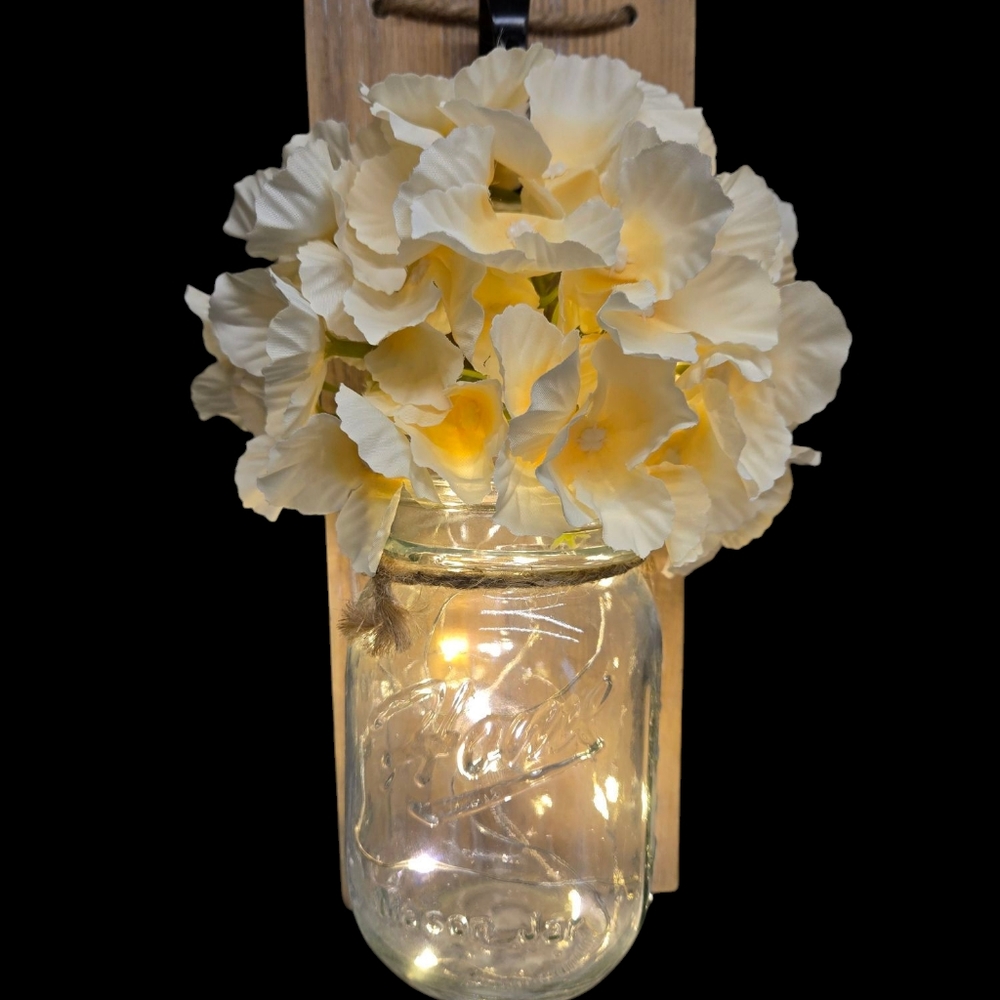 Decorative Hanging Wall Art.  Mason Jar , Floral Arangenment And Lighting.